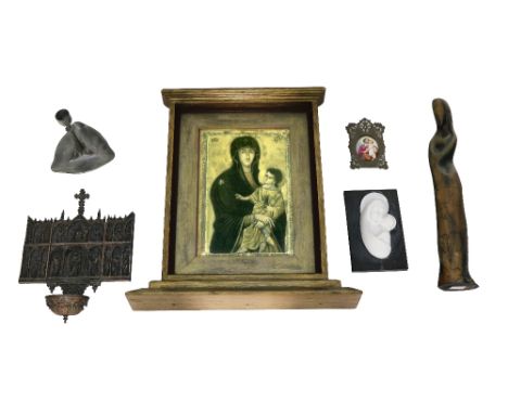 A heavy silver plated Gothic style triptych&nbsp;Icon,&nbsp;depicting Madonna &amp; Child Christ seated amongst saints and an