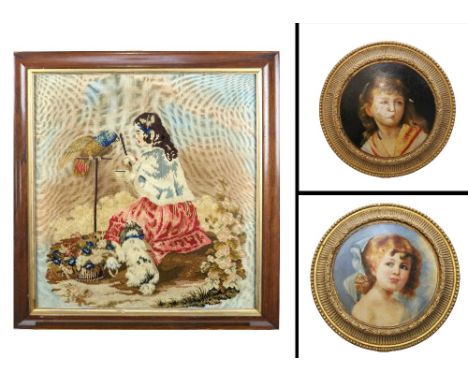 A pair of attractive 19th Century oval concave design Panels, with painted young girls, in gilt frames; together with a needl