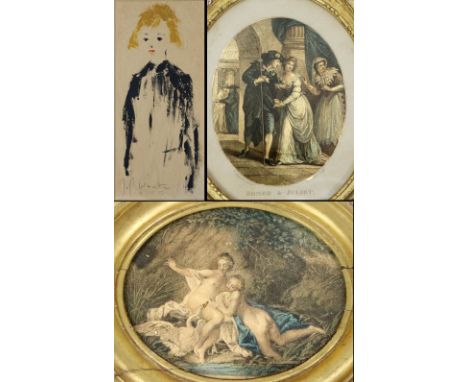 After William Hamilton  "Romeo &amp; Juliet," a Bartolozzi coloured Engraving in ornate gilt frame with ribbon bow crest, 15 