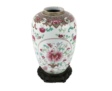 A very good late 18th Century large Chinese Vase, attractively decorated with enamel type pink coloured flowers and other rus