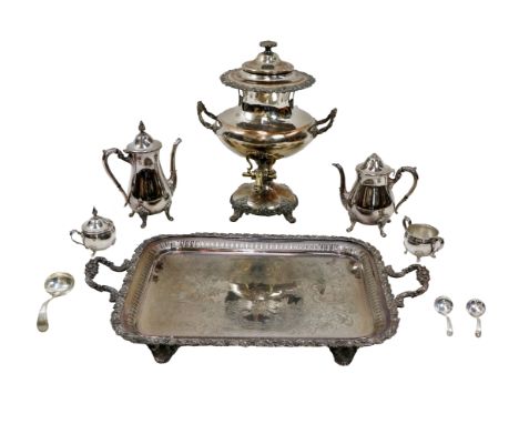 Plateware: A large engraved silver plated monogrammed Victorian Samovar, and a modern four piece Tea &amp; Coffee Service, as