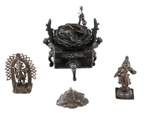 A Japanese bronze Incense Burner, Meiji period of square form with pierced cover surmounted with a standing figure, the body 