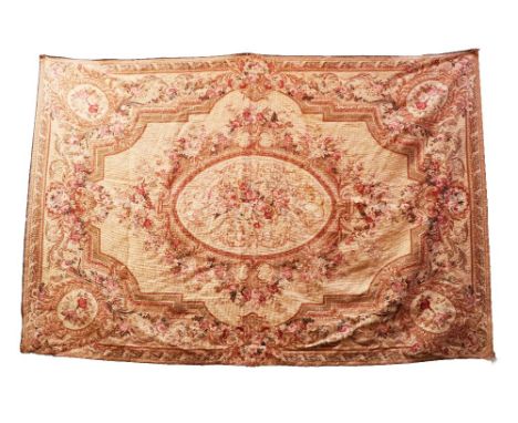 An attractive 19th Century Aubusson type French Tapestry, green ground floral decoration in the classical taste, as a fabric,