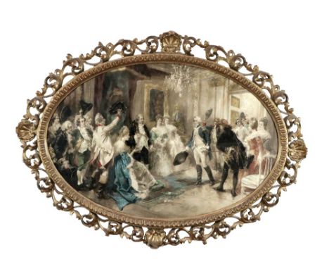 An antique giltwood oval Frame, with leaf and shell decoration with coloured print inset, approx. 74cms x 96cms (29" x 38"). 