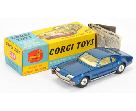 Corgi Toys 264 Oldsmobile Toronado - deep blue body, cream interior, chrome trim and spun hubs - Excellent Plus in a Good Plu