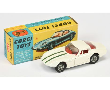 Corgi Toys 324 Marcos 1800 GT - white body, red interior with figure driver, green bonnet stripes, wire wheels and racing No.