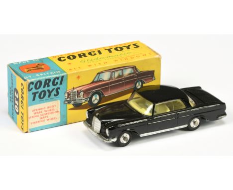 Corgi Toys 230 Mercedes 220SE Coupe - black body, lemon interior, silver trim, spun hubs with correct spare wheel in boot - E