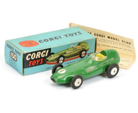 Corgi Toys 150 Vanwall Formula 1 "Grand Prix" Racing car - green body, pale yellow interior, silver trim, Flat spun hubs, rac