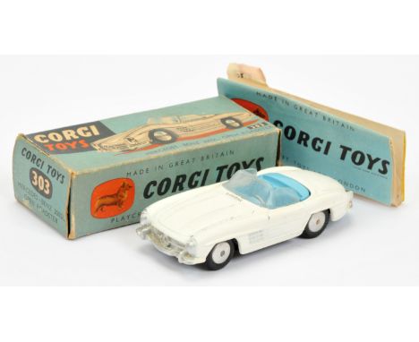 Corgi Toys 303 Mercedes 300SL Open Roadster - white body, pale blue interior, silver trim and flat spun hubs - Good Plus in a