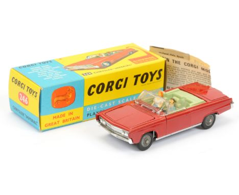 Corgi Toys 245 Chrysler Imperial - red body, pale green interior with figures, chrome trim, cast hubs and golf trolley with b