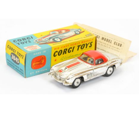 Corgi Toys 304S Mercedes 300SL Open Roadster "Competition Model" - chrome plated body with red hood, racing No.3 and flat spu