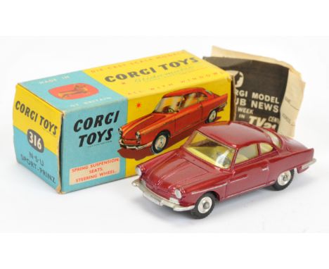 Corgi Toys 316 NSU Sport Prinz - metallic maroon, lemon interior, silver trim and spun hubs - Excellent Plus in a Good Plus t