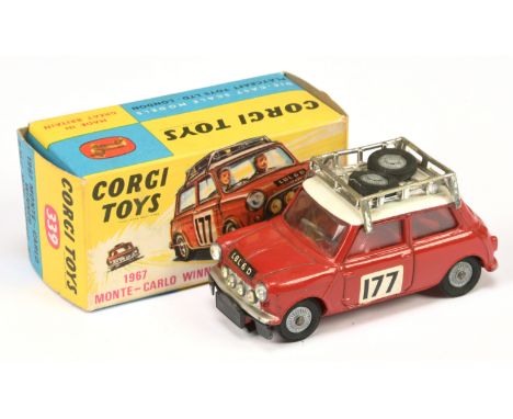 Corgi Toys 339 BMC Mini Cooper S "Rallye Monte-Carlo" - red body and interior, white roof with chrome rack with spare cast hu