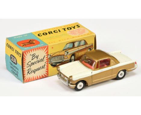 Corgi Toys 231 Triumph Herald - two-tone gold and white, red interior. silver trim, flat spun hubs - Near Mint in a Good Plus