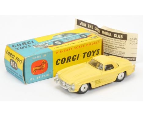 Corgi Toys 304 Mercedes 300SL Hardtop Roadster - yellow body and hood, silver trim and flat spun hubs - Excellent Plus overal