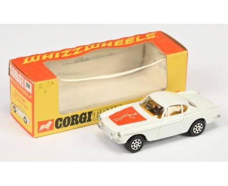 Corgi Toys 201 "The Saints" Volvo P1800 Car - white body, yellow interior, silver trim, red bonnet label and Whizzwheels - Ne