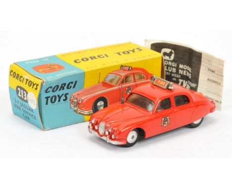 Corgi Toys 213 Jaguar 2.4 Litre Fire Service Car - red body, silver trim, roof box, aerial and flat spun hubs - Good Plus to 