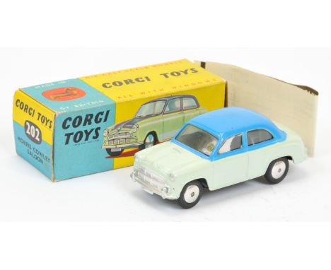 Corgi Toys 202 Morris Cowley Saloon - two-tone mid-blue over very pale green, silver trim and flat spun hubs - Excellent (cou