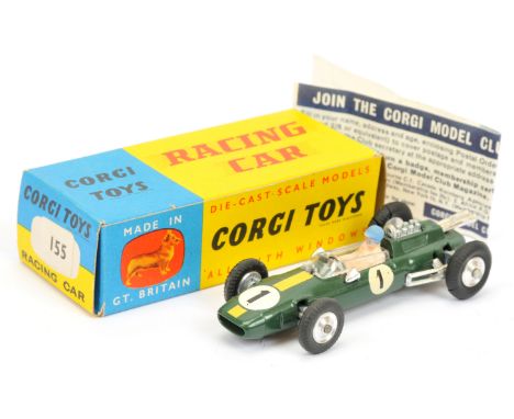 Corgi Toys 155 Lotus Climax Formula 1 Racing Car - green body, figure driver, spun hubs and yellow racing No.1 stripe and sid