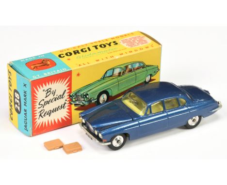 Corgi Toys 238 Jaguar Mark X - dark blue body, lemon interior, silver trim spun hubs Plus 2 x luggage cases - Excellent Plus 