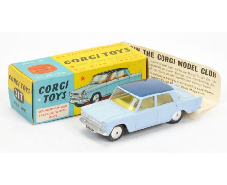 Corgi Toys 217 Fiat 1800 - Light sky blue with dark blue roof, lemon interior, silver trim flat spun hubs - Near Mint (number