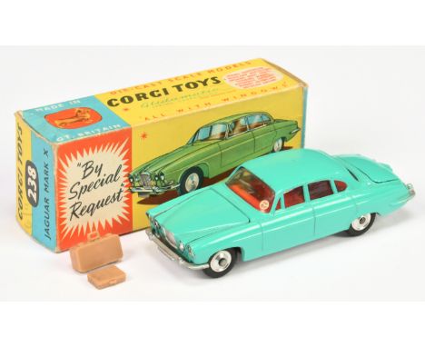 Corgi Toys 238 Jaguar Mark X - turquoise body ,red interior, spun hubs Plus large and small luggage cases - Good Plus still a