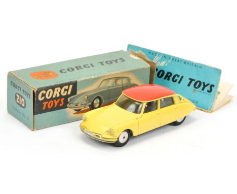 Corgi Toys 210 Citroen DS10 - yellow body with red roof,, silver trim and flat spun hubs - Good Plus bright example in a Fair