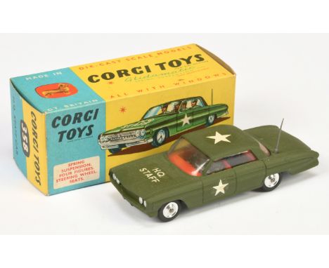 Corgi Toys 358 Oldsmobile Super 88 Military "HQ Staff" Car - green, red interior with figures, aerial and spun hubs - Near Mi