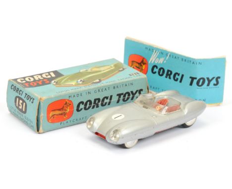 Corgi Toys 151 Lotus Mark 11 Le Mans Racing Car - silver, red seats and trim, flat spun hubs (accessory pack applied) and rac