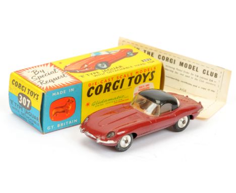 Corgi Toys 307 Jaguar E-Type - plum red body with black detachable hood, tan interior, silver trim and spun hubs - Good Plus 