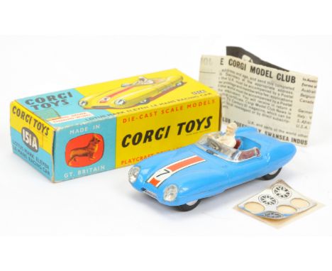 Corgi Toys 151A Lotus Mark 11 Le Mans Racing Car - blue, red seats, silver trim, flat spun hubs, figure driver and racing bla