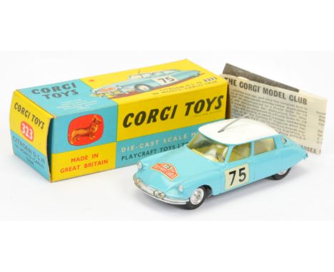 Corgi Toys 323 Citroen DS19 "Rallye Monte-Carlo" - light blue body with white roof, lemon interior, silver trim, spun hubs, r