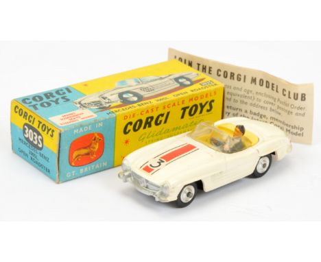 Corgi Toys 303S Mercedes 300SL Open Roadster "Competition Model" - off white body, yellow interior with figure driver, silver