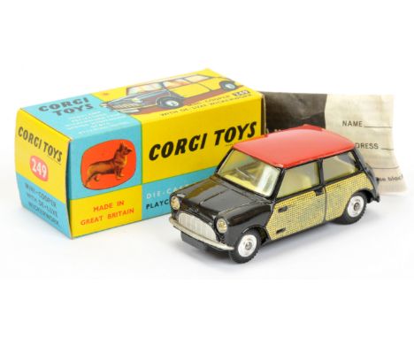 Corgi Toys 249 Morris Mini Cooper "Wickerwork" - black body with red roof, "Wickerwork" side and rear panels, lemon interior,