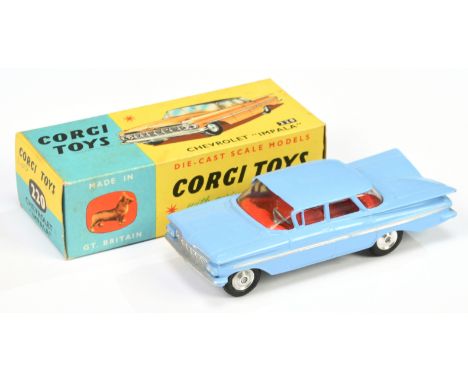 Corgi Toys 220 Chevrolet Impala - sky blue body, red interior, silver trim and side flashes and spun hubs - Excellent (some s