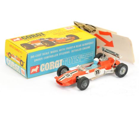 Corgi Toys 158 lotus Climax Formula 1 Racing Car - two-tone orange and white, figure driver, cast hubs and racing No.8 black 