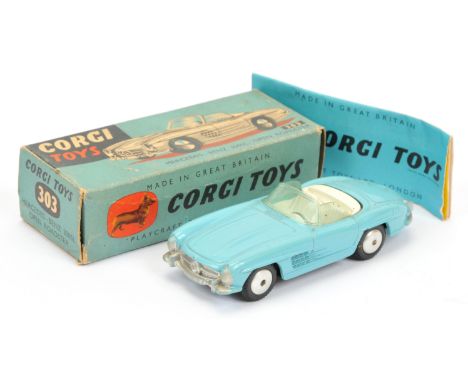 Corgi Toys 303 Mercedes 300SL Open Roadster - light blue body, off white interior, silver trim and flat spun hubs - Good Plus