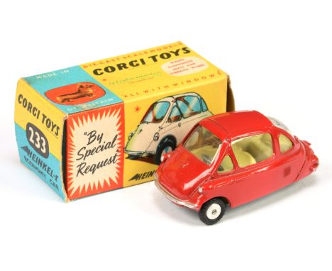 Corgi Toys 233 Heinkel Economy Car - deep red body lemon interior, silver trim and flat spun hubs - Near Mint in a Good Plus 