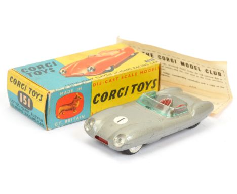 Corgi Toys 151 Lotus Mark 11 Le Mans Racing Car - silver, red seats and trim, flat spun hubs Accessory pack applied to 3 x hu