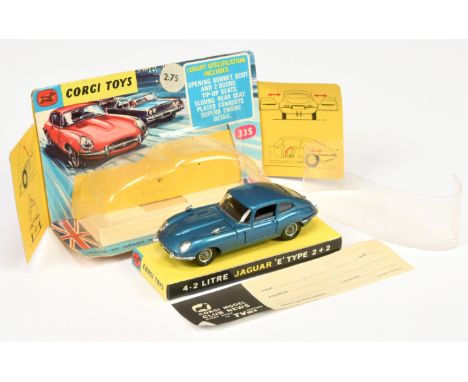 Corgi Toys 335 Jaguar 4.2 E-Type -blue body, black interior, separate exhaust system, chrome trim and wire wheels - Near Mint