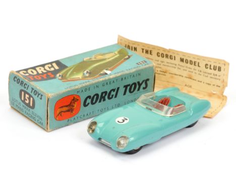 Corgi Toys 151 Lotus Mark 11 Le Mans Racing Car - turquoise-blue, red seats, silver trim, flat spun hubs and racing No.3 - Go