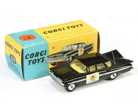 Corgi Toys 223 Chevrolet Impala "State Patrol" Car - black body, lemon interior, silver trim, and side flashes, aerial and ha