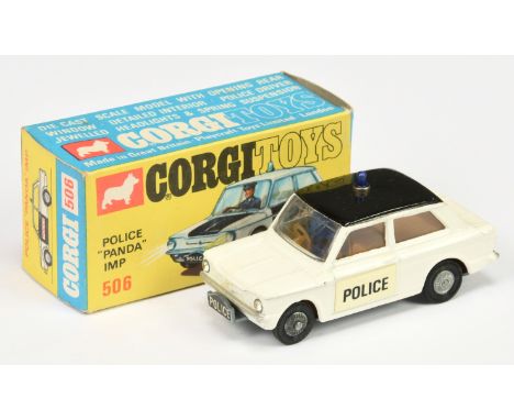 Corgi Toys 506 Sunbeam Imp "Police" Car - White body with black roof, brown interior with figure, silver trim, blue roof ligh