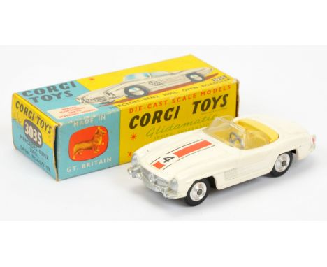 Corgi Toys 303S Mercedes 300SL Open Roadster "Competition Model" - off white body, yellow interior, silver trim, racing No.4 