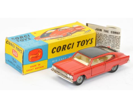 Corgi Toys 263 Marlin Rambler Sports Fastback - red body, black roof and boot, off white interior, chrome trim, grey plastic 