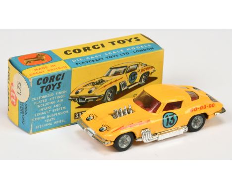 Corgi Toys 337 Chevrolet Customized Stingray - yellow body, red interior, chrome trim, cast hubs and racing No.13 - Excellent