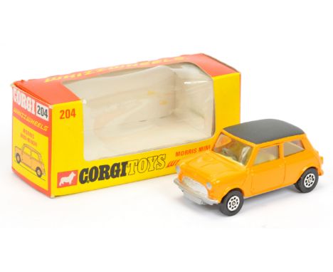 Corgi toys 204 Morris Mini Minor - RARE ISSUE - orange body, black roof, lemon interior, silver trim and base, Whizzwheels - 