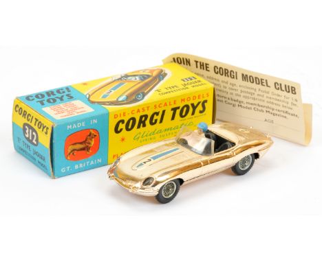 Corgi Toys 312 Jaguar E-Type "Completion Model" - light gold plated, black interior with figure driver, wire wheels and Racin
