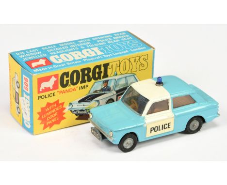 Corgi Toys 506 Sunbeam Imp "Police" Car - two-tone light blue and white body, brown interior with figure, silver trim, small 