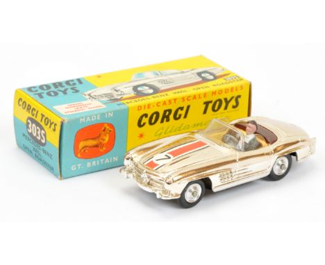 Corgi Toys 303S Mercedes 300SL Open Roadster "Competition Model" - chrome plated (tinge of gold) body, pale yellow interior, 